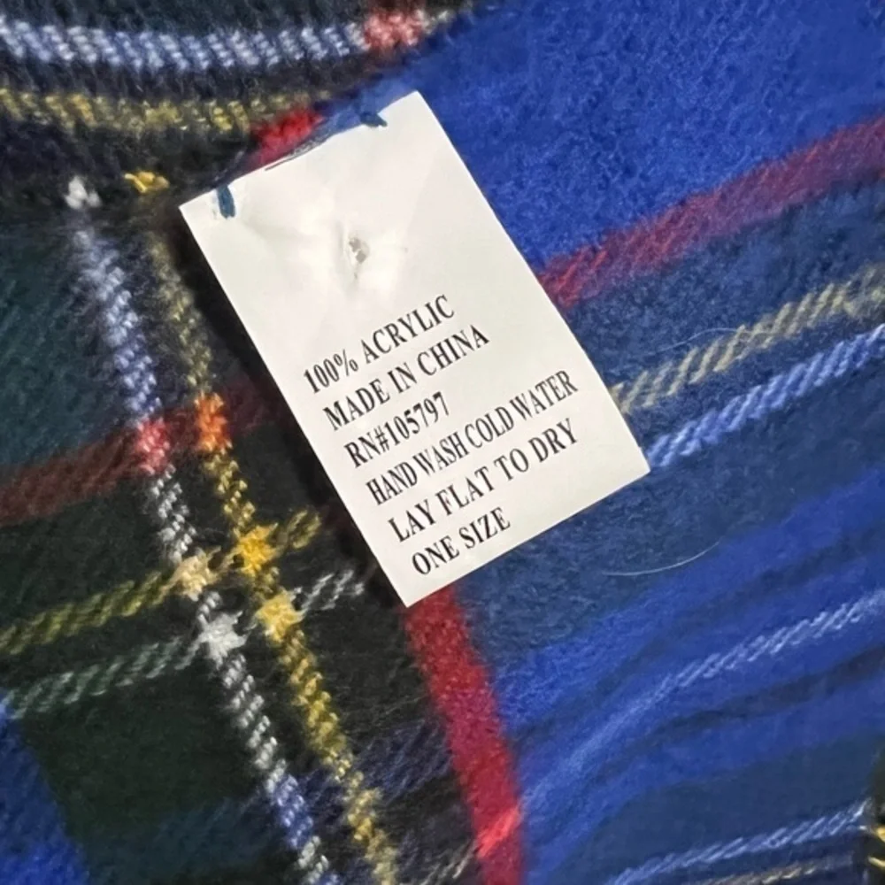 Blue Plaid Tartan Fleece Scarf Extra Long Tassels Fringe Unisex